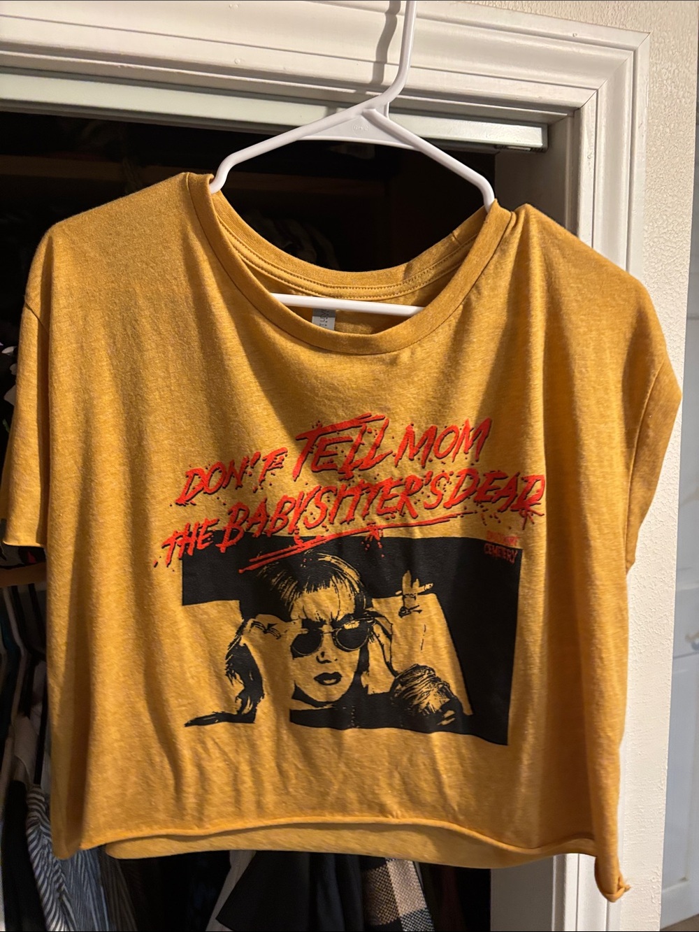 Next Level Apparel Mustard Yellow Tee with Black Photo Graphic and Red Script